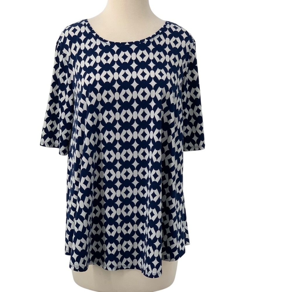 Chico's The Ultimate Tee Half Sleeve Navy/White Geometric Print‎ Tunic Top 1/Med